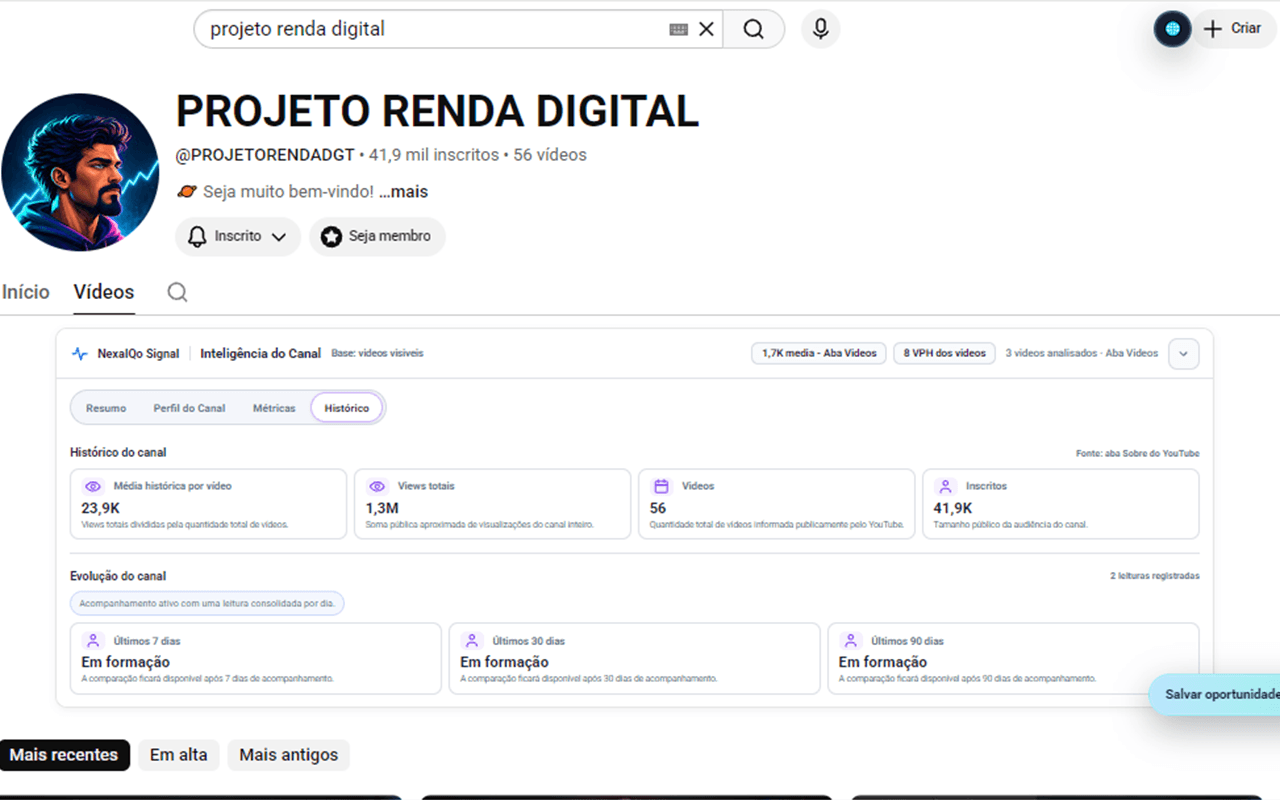 Histórico de um canal no painel NexaIQo Signal 1.0.45