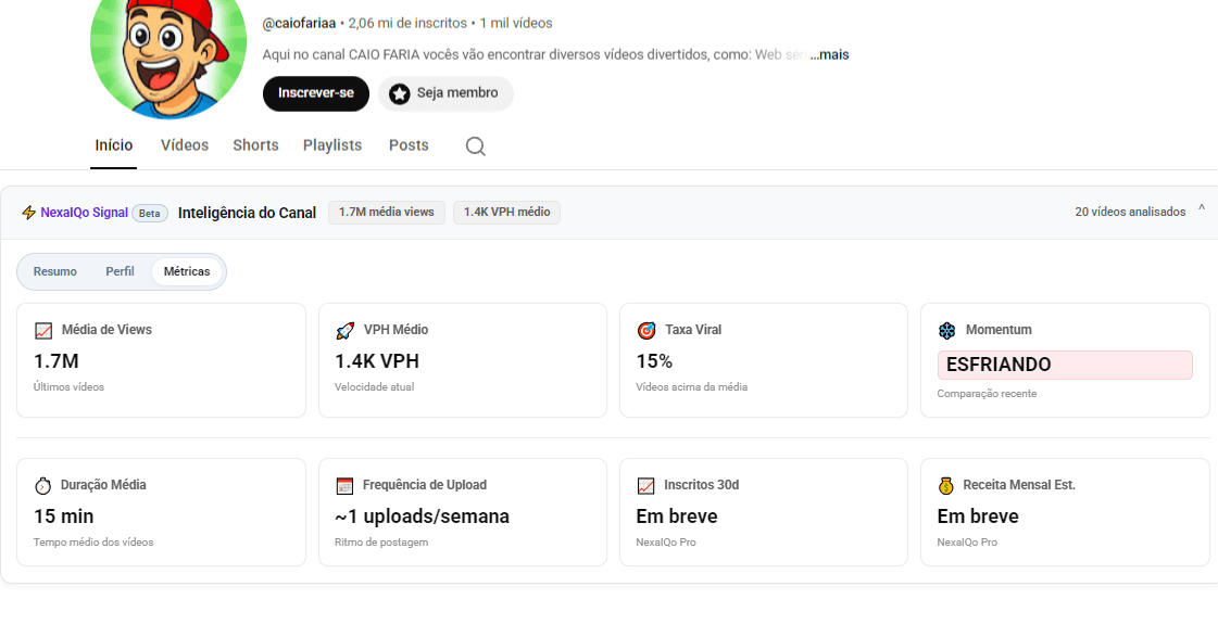 Painel de inteligência do canal do NexaIQo Signal dentro do YouTube