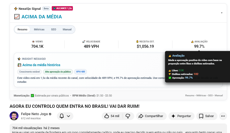 Raio-X do NexaIQo Signal com tooltip de avaliação aberto dentro do YouTube