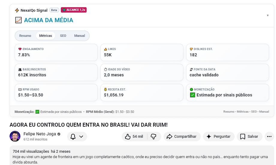Tela de métricas do Raio-X do vídeo do NexaIQo Signal